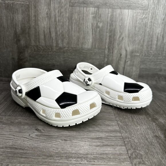 CROCS Classic Kids size 10 White Black Soccer Themed Clogs - Picture 5 of 8